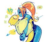  !? 2girls alphys arrow_through_heart blue_pants blue_skin closed_eyes colored_skin cowboy_shot denim fins fish_girl from_side furry furry_female glasses gogeyama head_fins heart highres jeans kiss lifting_person long_hair multiple_girls orange_hair own_hands_together pants ponytail profile simple_background spoken_heart standing surprised sweat undertale undyne white_background yellow_skin yuri 