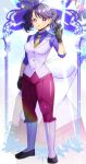  1girl :o black_gloves boots breasts collared_shirt commentary_request commission earrings fukumaru_koito glint gloves hand_up idolmaster idolmaster_shiny_colors jewelry knee_boots kou_hiyoyo long_sleeves looking_at_viewer medium_breasts necktie pants parted_lips purple_eyes purple_hair purple_pants purple_shirt shirt skeb_commission solo twintails vest white_boots white_vest yellow_necktie zoom_layer 