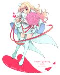  1girl aqua_cape aqua_dress aqua_footwear bangs belt blonde_hair blue_eyes blunt_bangs boots bouquet cape character_name dated dress flower full_body hair_ornament happy_birthday heart holding holding_bouquet long_hair long_sleeves macross pink_flower pink_rose pom_pom_(clothes) pom_pom_hair_ornament puffy_long_sleeves puffy_sleeves rose sheryl_nome short_dress sidelocks smile solo takafuji_yuna thigh_boots twitter_username wavy_hair white_background 