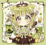  1girl animal animal_ear_fluff animal_ears artist_name black_bow blush border bow brown_skirt cat cat_ears cat_girl cat_tail chibi commentary_request cup diagonal-striped_bow drinking_glass egasumi frilled_skirt frills full_body green_border green_eyes green_hair green_sailor_collar green_shirt hair_bow hair_ornament hairclip headscarf highres holding holding_cup long_sleeves looking_at_viewer matcha_(food) mug original parted_lips pennant plate sailor_collar sakura_oriko shirt signature skirt solo spoon star_(symbol) string_of_flags striped_bow tail white_background white_bow wide_sleeves wooden_spoon 