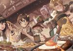  2girls 4boys armor black_hair blue_eyes blunt_bangs blush bracelet breastplate breasts brown_hair brown_headband chest_guard closed_eyes cup dark-skinned_female dark_skin eating egg_(food) elf emamade1 eyepatch fantasy food fork grey_hair hand_up headband holding holding_fork holding_tray indoors jewelry knife meat medium_breasts mug multiple_boys multiple_girls muneate navel octopus_(food) original parfait pizza pointy_ears ponytail small_breasts smile table tongue tongue_out tray 