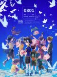  3girls 5boys blonde_hair blue_background blue_shirt brown_eyes brown_hair brown_shorts bug butterfly dated digimon digimon_(creature) digimon_adventure digimon_day everyone from_behind green_hat green_shirt group_picture hat highres ishida_yamato izumi_koshiro kido_jo konagonana koromon medium_hair mochimon multiple_boys multiple_girls nyaromon orange_shirt pukamon pyocomon shirt short_hair shorts simple_background sweater tachikawa_mimi takaishi_takeru takenouchi_sora tanemon tokomon tunomon yagami_hikari yagami_taichi 