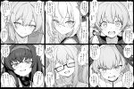  6+girls ^_^ azusa_(blue_archive) black_border blue_archive blush border bow closed_eyes collarbone commentary_request glasses grey_hair hair_bow halo hanako_(blue_archive) head_wings heart hifumi_(blue_archive) highres koharu_(blue_archive) looking_at_viewer make-up_work_club_(blue_archive) multiple_girls school_uniform serafuku shimiko_(blue_archive) simple_background smile speech_bubble straight_hair translation_request twintails ui_(blue_archive) upper_body wings zhong_zi_sheliu 