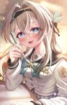  1girl absurdres anonemuna blush bow breasts collarbone firefly_(honkai:_star_rail) green_bow grey_hair grey_skirt hair_between_eyes hair_intakes hair_ornament highres holding holding_pencil honkai:_star_rail honkai_(series) long_hair long_sleeves looking_at_viewer medium_breasts notebook official_alternate_costume open_mouth pencil pink_eyes plaid_bow plaid_clothes plaid_skirt school_uniform serafuku skirt smile solo 
