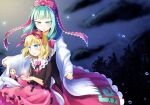  2girls back_bow black_shirt blonde_hair blue_eyes bow cloud collar commentary_request dark_cloud doll dress fairy_wings foliage frilled_bow frilled_collar frilled_ribbon frills front_ponytail glowing green_eyes green_hair hair_bow hair_ribbon kagiyama_hina light_blush long_hair medicine_melancholy medium_hair mito_tsubaki moonlight multiple_girls night open_mouth red_bow red_dress red_ribbon red_skirt ribbon scarf shirt sitting sitting_on_lap sitting_on_person skirt sky smile star_(sky) starry_sky su-san touhou tree water_drop white_bow white_collar white_scarf wings 