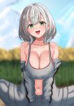  1girl :d absurdres blue_sky blush breasts cleavage cloud day green_eyes grey_hair grey_jacket grey_sports_bra highres hololive jacket kenja_panda large_breasts looking_at_viewer navel open_mouth outdoors shirogane_noel sky smile solo sports_bra stomach teeth track_jacket upper_teeth_only virtual_youtuber 