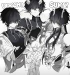  ... 3lossom 4boys caelus_(honkai:_star_rail) closed_mouth cowboy_shot dan_heng_(honkai:_star_rail) dan_heng_(imbibitor_lunae)_(honkai:_star_rail) dan_heng_(permansor_terrae)_(honkai:_star_rail) dragon_boy dragon_horns grey_scales half-closed_eyes hand_up highres honkai:_star_rail honkai_(series) horns long_hair looking_at_viewer monochrome multiple_boys multiple_persona pointy_ears ponytail short_hair single_bare_shoulder spoken_ellipsis thinking trailblazer_(honkai:_star_rail) upper_body 