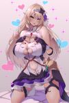 1girl absurdres black_flower black_gloves blonde_hair blue_nails breasts cleavage clothing_cutout elara_(vtuber) fingerless_gloves flower gloves green_eyes hair_flower hair_ornament hair_ribbon heart heart-shaped_pupils heart_hands highres indie_virtual_youtuber kneeling large_breasts long_hair navel navel_cutout pointy_ears ribbon second-party_source shadow solo symbol-shaped_pupils tiara tongue uzyou_(momotk1109) virtual_youtuber white_flower 