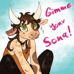 2025 ambiguous_gender anthro arm_tattoo asymmetrical_coloring batpupbourbon black_bottomwear black_clothing black_pants blue_background bottomwear bovid bovine bovine_ears brown_body brown_fur brown_hair canid canine canis cattle clothed clothing collar crop_top digital_media_(artwork) english_text facial_piercing fangs fully_clothed fur green_eyes hair hi_res horn hybrid long_hair makeup mammal markings messy_hair nose_piercing nose_ring orange_clothing orange_shirt orange_topwear pants piercing ring_piercing sharp_teeth shirt simple_background sitting sitting_on_ground smile solo solo_focus sparkles spots spotted_body tan_body tan_fur tattoo teeth text topwear trans_(lore) trans_man_(lore) veles_(batpupbourbon) wolf