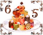  blueberry cake capelet chocolate dated ekm food food_focus fruit no_humans on_food painting_(medium) pokemon pokemon_(creature) simple_background sitting smile strawberry swiss_roll traditional_media vulpix watercolor_(medium) white_background white_capelet 
