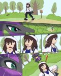 absurd_res boots brown_hair cell_shade clothing comic comic_panel female female_human footwear fur generation_4_pokemon green_eyes hair hat headgear headwear hi_res human lucario mammal nintendo pokemon pokemon_(species) pokemon_trainer purple_body purple_fur sequence shoes simple_background