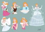  1girl absurdres ball_gown bird blonde_hair blue_dress blue_eyes choker cinderella_(disney_character) cinderella_(disney_movie) dress earrings elbow_gloves gloves gown hair_bun hairband highres jewelry looking_at_viewer moko_eaka princess short_hair smile solo 