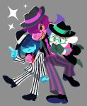  1boy 1girl 1other black_hat black_shoes blue_skin boots colored_skin cowboy_boots deltarune furry furry_female furry_male green-framed_eyewear grey_background hat highres index_finger_raised jacket kris_(deltarune) necktie pants pink_necktie purple_shirt purple_skin ralsei red_necktie round_eyewear sharp_teeth shirt shoes striped_clothes striped_jacket striped_pants susie_(deltarune) suspenders teeth ukata vertical-striped_clothes vertical-striped_jacket vertical-striped_pants 
