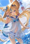  1girl animal_ear_fluff animal_ears bikini bikini_under_clothes blonde_hair blue_bow blue_eyes blue_hair blue_neckerchief blue_sailor_collar blush bow breasts cat_ears commentary dress ears_through_headwear fang fins fish_girl fish_tail frilled_dress frilled_sailor_collar frills hair_bow hashtag-only_commentary hat highres indie_virtual_youtuber lighthouse long_hair looking_at_viewer low_twintails mae_algae multicolored_hair navel neckerchief ocean on_water one_side_up open_clothes open_dress open_mouth outdoors sailor_collar sailor_dress sameko_saba scrunchie short_dress short_shorts shorts small_breasts solo straw_hat streaked_hair swimsuit tail twintails very_long_hair virtual_youtuber water white_dress white_shorts wrist_scrunchie 