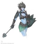  1girl anastasia-n armor black_armor black_sclera black_weapon blue_skin boobplate clawed_gauntlets colored_pencil_(medium) colored_sclera colored_skin dark_seducer_(mazken) green_skirt grey_skin helmet holding holding_mace holding_shield holding_weapon looking_at_viewer mace midriff revealing_clothes shield shoulder_armor skirt standing the_elder_scrolls the_elder_scrolls_iv:_oblivion thighs traditional_media watermark weapon white_background 