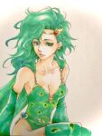  1girl aged_up breasts cape closed_mouth detached_sleeves earrings final_fantasy final_fantasy_iv green_eyes green_hair green_leotard hair_ornament highres jewelry leotard long_hair looking_at_viewer rydia_(ff4) simple_background smile solo thighhighs traditional_media 