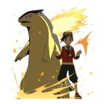  1boy black_hair black_pants black_shirt capri_pants clenched_hands closed_mouth ethan_(pokemon) fangs fire hat jacket long_sleeves looking_at_viewer male_focus open_mouth pants pokemon pokemon_(creature) pokemon_hgss psaber97 red_jacket red_shoes shirt shoes short_hair smile standing typhlosion white_background 