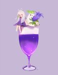  1girl ahoge animal arm_at_side bangs barefoot bear chai_(drawingchisanne) commentary cup dress drink flower grey_hair holding knees_together_feet_apart long_bangs long_hair looking_at_another mint original polar_bear purple_background purple_dress purple_flower signature simple_background sitting solo 