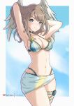  1girl arms_up bikini blue_eyes breast_tattoo breasts brown_hair chascoby cleavage eunie_(xenoblade) head_wings highres looking_at_viewer navel official_alternate_costume sarong smile solo stomach swimsuit tattoo xenoblade_chronicles_(series) xenoblade_chronicles_3 