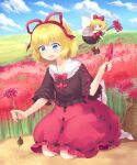  1girl back_bow basket blonde_hair blue_eyes blue_sky bow bowtie cloud collar commentary_request commission dirt doll fairy_wings field flower flower_field flying frilled_collar frills full_body hair_ribbon hill holding holding_flower holding_trowel kneeling light_blush looking_down medicine_melancholy medium_hair mito_tsubaki open_mouth outdoors plant_roots red_bow red_bowtie red_flower red_ribbon red_shirt red_skirt ribbon shirt skeb_commission skirt sky smile solo spider_lily su-san touhou white_bow white_collar wings 