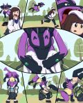 abdominal_bulge absurd_res attack_pose boots brown_hair cell_shade clothing comic comic_panel female female_human footwear fur generation_4_pokemon green_eyes hair hat headgear headwear hi_res human jumping lucario mammal neck_bulge nintendo open_mouth oral_vore pokeball pokemon pokemon_(species) pokemon_trainer purple_body purple_fur scared_expression scared_face sequence shoes simple_background swallowing underwear vore