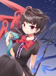  1girl animal asymmetrical_wings black_dress black_hair black_thighhighs blue_background blue_collar bow bowtie breasts collar commentary_request dress frilled_collar frills gradient_background holding holding_animal holding_snake houjuu_nue light_blush light_particles medium_breasts medium_hair mito_tsubaki red_bow red_bowtie red_eyes short_sleeves sitting smile snake solo thighhighs touhou wings 