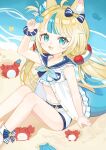  1girl :d ahoge animal_ear_fluff animal_ears ankle_ribbon bikini bikini_under_clothes blonde_hair blue_bikini blue_eyes blue_hair blue_nails blue_ribbon blue_sailor_collar blunt_bangs blush dress fins fish_girl fish_tail hair_ribbon indie_virtual_youtuber kaniki_(sameko_saba) leg_ribbon lifebuoy_hair_ornament long_hair looking_at_viewer low_twintails multicolored_hair nail_polish navel open_clothes open_dress open_mouth paper_boat ribbon sailor_collar sailor_dress sameko_saba sandals shorts smile streaked_hair striped_bikini striped_clothes striped_ribbon swimsuit tail tooruruuu twintails very_long_hair virtual_youtuber white_dress white_shorts 