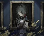  2boys anaxa_(honkai:_star_rail) antenna_hair aqua_hair armor back black_gloves black_jacket blue_cape cape chain coat cyn_ouo earrings eyepatch fingerless_gloves gem gloves grey_eyes grey_hair hand_up highres honkai:_star_rail honkai_(series) jacket jewelry lapels male_focus mandarin_collar medium_hair multiple_boys notched_lapels one_eye_covered pauldrons phainon_(honkai:_star_rail) portrait_(object) red_gemstone shirt shoulder_armor side_ponytail single_earring single_pauldron twitter_username two-sided_cape two-sided_fabric upper_body white_coat white_shirt yellow_cape 