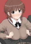  1boy 1girl absurdres amagami black_bow black_bowtie black_pants blush bow bowtie breasts breasts_squeezed_together brown_eyes brown_hair brown_sweater closed_mouth collared_shirt commentary_request gyuunyuu_pack_(tanaka) hetero highres implied_paizuri kibito_high_school_uniform large_breasts long_sleeves looking_at_viewer medium_hair pants pov pov_crotch red_background sakurai_rihoko school_uniform shirt simple_background solo_focus sweater white_shirt 