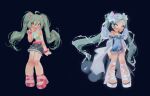  1girl ahoge aqua_hair bangle bare_legs bare_shoulders beads belt black_background blue_bow blue_dress blue_eyeshadow blue_nails blue_pupils blue_ribbon blue_skirt blue_sleeves blue_wings bow bracelet brooch closed_mouth commentary crop_top denim denim_skirt detached_sleeves dress english_commentary expressionless eyelashes eyeshadow facial_tattoo fairy fairy_wings frilled_dress frills fur-trimmed_skirt fur_trim glitter hair_between_eyes hair_bow hair_ornament hair_ribbon hair_scrunchie hand_on_own_cheek hand_on_own_face happy high_heel_sandals jewelry knees leg_ribbon light_blush light_frown lipstick long_hair long_sleeves magical_girl makeup midriff miniskirt nail_polish open_mouth original painterly pink_belt pink_lips pink_sandals pink_scrunchie platform_sandals ribbon sandals scrunchie shirt short_dress simple_background skirt sleeveless sleeveless_shirt smile standing star_(symbol) star_brooch star_print star_tattoo stardust_axel strapless strapless_dress tareme tattoo teeth toenail_polish toenails twintails variations wavy_hair white_ribbon white_sandals white_shirt wide_sleeves wings winx_club yellow_eyes 