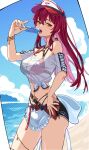  1girl bare_shoulders beach bikini bikini_under_clothes black_bikini black_shorts breasts cowboy_shot food heterochromia highres holding holding_food holding_popsicle hololive houshou_marine large_breasts long_hair ocean popsicle pwgp6_tomato red_bikini red_eyes red_hair sand see-through_cleavage see-through_clothes see-through_shirt shirt short_shorts shorts solo swimsuit tied_shirt virtual_youtuber water white_shirt yellow_eyes 