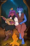 2025 absurd_res anthro avian bard barefoot bird bird_on_head blue_body blue_scales blush boots camp campfire clothed clothed_anthro clothed_female clothing crocodile crocodilian eye_contact feet female feral footwear forest hair hand_on_head hi_res horn log looking_at_another lute musical_instrument night nixmoonl pink_body pink_scales plant plucked_string_instrument purple_hair reptile scales scalie shoes string_instrument tree wood