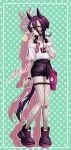  1girl a4_(a4_eishi) absurdres ahoge animal_ears artist_name bare_shoulders baseball_cap belt black_belt black_hair black_shoes black_shorts black_sports_bra blush bracelet closed_mouth coffee collarbone cup disposable_cup drinking_straw ear_ornament ear_tag earrings fishnets hair_between_eyes hair_ornament hairclip hat heart highres horse_ears horse_girl horse_tail jewelry light_frown long_bangs long_hair long_hair_between_eyes manhattan_cafe_(umamusume) multicolored_hair off-shoulder_shirt off_shoulder pink_hat polka_dot polka_dot_background red-tinted_eyewear shirt shoes shorts signature single_earring skindentation sneakers solo sports_bra standing sunglasses tail tinted_eyewear umamusume unworn_eyewear white_hair white_shirt yellow_eyes 