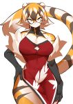  1girl absurdres arknights bare_shoulders black_gloves breasts closed_mouth curvy dress elbow_gloves fur-trimmed_gloves fur_trim furry furry_female glasses gloves highres large_breasts looking_at_viewer mei_xiang_xiaojie orange_eyes red_dress simple_background smile solo split_mouth standing tail tiger_girl tiger_tail waai_fu_(arknights) white_background wide_hips 