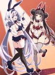  2girls absurdly_long_hair alternate_costume animal_ears ass azur_lane black_thighhighs blue_shoes bow bowtie breasts closed_mouth commentary covered_navel double_bun fishnet_thighhighs fishnets hair_bun high_heels long_hair multiple_girls nagato_(azur_lane) paid_reward_available playboy_bunny rabbit_ears red_bow red_bowtie red_shoes shimakaze_(azur_lane) shoes small_breasts thighhighs twintails umyonge_(lkakeu) very_long_hair white_thighhighs wrist_cuffs yellow_eyes 