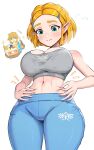  1boy 1girl blonde_hair blue_eyes blue_leggings blue_shirt blush braid breasts cake cake_slice champion&#039;s_tunic_(zelda) cleavage closed_mouth crown_braid fingerless_gloves food gloves gonzarez green_eyes grey_sports_bra hair_ornament hairclip highres large_breasts leggings link midriff navel pants pinching_belly plate pointy_ears princess_zelda shirt short_hair sidelocks simple_background sports_bra sportswear stomach sweat sweatdrop the_legend_of_zelda the_legend_of_zelda:_tears_of_the_kingdom white_background workout_clothes yoga_pants 