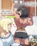  2girls absurdres aged_up alternate_muscle_size back back_muscles black_hair blonde_hair blush broad_shoulders cupboard english_text gameplay_mechanics heart highres juno_son lillie_(pokemon) multiple_girls muscular muscular_female open_mouth pokemon pokemon_(creature) pokemon_sm selene_(pokemon) shorts yuri 