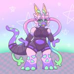 1:1 2025 3_fingers 3_toes alien antennae_(anatomy) anthro armband artist_name black_armband black_bodysuit black_clothing black_skinsuit bodysuit breasts checkered checkered_floor cheek_tuft claws clothed clothed_anthro clothed_female clothing colored digital_drawing_(artwork) digital_media_(artwork) english_description eyebrows eyelashes facial_tuft feet female female_anthro finger_claws fingers fur gaypastabake green_antennae green_claws green_eyes green_markings green_sclera green_teeth green_toes hi_res leg_markings light lighting long_ears long_tail loplox mammal markings multicolored_body multicolored_eyebrows multicolored_fur open_mouth pink_body pink_eyebrows pink_fur purple_eyebrows purple_eyelashes purple_hands purple_markings purple_tail shaded skinsuit solo standing star_(shape) straight_arms tail tail_markings teeth tendrils text tight_clothing toes tongue tuft tusks two_tone_eyebrows yellow_inner_ear yellow_tongue