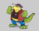  2022 alligator alligatorid anthro biped brok_(character) brok_the_investigator clothing crocodilian green_body hat headgear headwear hi_res humanoid_hands male maxawumba one_eye_closed reptile scalie shirt simple_background slightly_chubby solo topwear video_games 