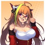  1girl :d ahoge bangs blonde_hair blunt_bangs blush bow breasts camisole cleavage dragon_girl dragon_horns glasses hair_bow hair_intakes highres hololive horns jacket kiryu_coco large_breasts long_hair multicolored_hair open_mouth orange_hair partially_unzipped red_eyes red_jacket smile solo strap_slip track_jacket twintails two-tone_hair v-shaped_eyebrows very_long_hair virtual_youtuber white_camisole yorunaku_tanishi 