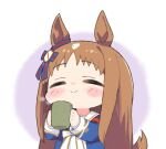  1girl animal_ears blue_jacket blush bow brown_hair closed_eyes closed_mouth cup dress ear_bow ear_ornament grass_wonder_(umamusume) holding holding_cup horse_ears horse_girl horse_tail jacket long_hair long_sleeves moru_(monaka) multicolored_hair open_clothes open_jacket sailor_collar simple_background smile solo tail umamusume upper_body white_dress white_hair 