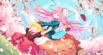  2girls aqua_shirt back_bow blonde_hair blue_sky bow bowtie cherry_blossoms closed_eyes cloud collar colored_eyelashes commentary_request doll dress expressionless fairy_wings falling_petals folding_fan fox_mask frilled_collar frills grass hair_ribbon hand_fan hand_grab hata_no_kokoro highres holding holding_fan light_blush long_hair mask medicine_melancholy medium_hair mito_tsubaki multiple_girls noh_mask oni_mask open_mouth orange_dress outdoors petals pink_eyes pink_hair pink_petals plaid_clothes plaid_shirt red_bow red_bowtie red_ribbon red_shirt red_shoes red_skirt ribbon running shirt shoes skirt sky su-san swirl touhou tree white_bow white_collar wings 