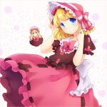  1girl back_bow blonde_hair blue_eyes bonnet bow bowtie closed_mouth collar commentary_request doll dot_mouth fairy_wings feet_out_of_frame frilled_collar frills hair_ribbon hands_up hat hat_bow light_blush medicine_melancholy medium_hair mito_tsubaki red_bow red_bowtie red_ribbon red_shirt red_skirt ribbon shirt skirt smile solo su-san touhou white_background white_bonnet white_bow white_collar wings 