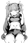  adjusting_hair android armband blunt_bangs braid breasts commentary cowboy_shot greyscale hair_ribbon highres long_hair looking_at_viewer midriff monochrome navel open_mouth otimusyairoha qingyi_(zenless_zone_zero) ribbon shorts sidelocks solo sphere_hair_ornament sports_bra thighs twin_braids twintails white_background zenless_zone_zero 