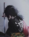  1boy back black_hair black_jacket demon_slayer_uniform hand_up haori highres holding holding_sword holding_weapon jacket japanese_clothes katana kimetsu_no_yaiba long_hair low_ponytail male_focus mu_ooa planted planted_sword ponytail solo spiked_hair sword tomioka_giyuu upper_body water weapon 