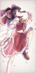  1girl ascot between_fingers black_hair blurry blush bow brown_eyes brown_shoes collar depth_of_field detached_sleeves foot_out_of_frame frilled_bow frilled_collar frilled_hair_tubes frilled_skirt frills gohei hair_bow hair_tubes hakurei_reimu highres holding holding_gohei konpota_(pixiv_113398422) long_hair midriff navel ofuda ofuda_between_fingers pink_background ponytail red_bow red_shirt red_skirt shirt shoes shoulder_blush skirt socks solo touhou white_collar white_sleeves white_socks yellow_ascot 