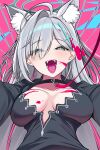  1girl :d absurdres ahoge animal_ear_fluff animal_ears aqua_eyes black_choker black_dress black_halo blue_archive blush breasts breasts_apart choker commentary cross_hair_ornament dress extra_ears eyes_visible_through_hair fangs grey_hair hair_behind_ear hair_between_eyes hair_intakes hair_ornament half-closed_eyes halo heart heart-shaped_pupils highres huge_ahoge incoming_hug large_breasts leash long_hair long_sleeves looking_at_viewer lovestruck nojikorirakkusu open_mouth pink_background shiroko_(blue_archive) shiroko_terror_(blue_archive) sidelocks simple_background smile solo straight-on straight_hair symbol-shaped_pupils teeth tongue upper_body very_long_hair wolf_ears wolf_girl you_gonna_get_raped 