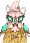  1girl absurdres blonde_hair breasts chest_jewel cleavage cleavage_cutout clothing_cutout core_crystal_(xenoblade) dress highres huge_breasts long_hair mythra_(xenoblade) revision simple_background solo tiara upside-down white_background white_dress xenoblade_chronicles_(series) xenoblade_chronicles_2 yellow_eyes yotsuha_uni 