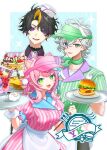  1girl 2boys :d absurdres ahoge animal_ear_fluff animal_ears antenna_hair apron banana banana_split black_hair blonde_hair blue_background blue_bow blueberry blush border bow braid burger buttons cat_ears cheese cherry chocolate_syrup collarbone collared_dress collared_shirt commentary_request crossed_bangs cup double-breasted dress drinking_glass drinking_straw earrings fangs food fruit green_eyes green_shirt green_visor hair_between_eyes hair_bow hair_ornament hairclip hand_up hands_up hat headwear_request heterochromia highres holding holding_menu holding_tray ice_cream ikoma_koma jewelry lettuce looking_at_viewer menu multicolored_hair multiple_boys murakumo_kagetsu necktie nijisanji nijisanji_en nijisanji_kr open_mouth outline outside_border parted_bangs pink_bow pink_dress pink_hair pink_visor plate pom_pom_(clothes) pom_pom_hair_ornament potato_wedges purple_eyes purple_shirt shirt short_hair short_sleeves shu_yamino sidelocks smile sparkle strawberry streaked_hair striped_clothes striped_dress striped_shirt teeth tomato tomato_slice tray upper_teeth_only vertical-striped_clothes vertical-striped_dress vertical-striped_shirt virtual_youtuber visor_cap waist_apron waiter waitress white_apron white_border white_hair white_hat white_necktie white_outline wrist_cuffs x_hair_ornament yang_nari 