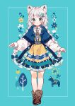  1girl :o absurdres animal_ear_fluff animal_ears aqua_background aqua_eyes aqua_streaks blue_bow blue_capelet blush blush_stickers boots bow braid braided_twintails brown_boots capelet commentary_request dress floral_print frilled_dress frills full_body grey_hair hair_bow hair_ornament highres ibispaint_(medium) long_hair long_sleeves looking_at_viewer medium_dress multicolored_dress multicolored_hair napo_(napo_illust) original parted_lips print_dress shirt simple_background solo standing straight-on streaked_hair twintails very_long_hair white_shirt 